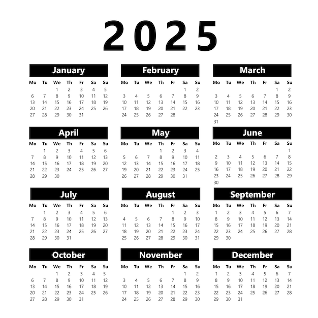 Vector calendar 2025 in black and white