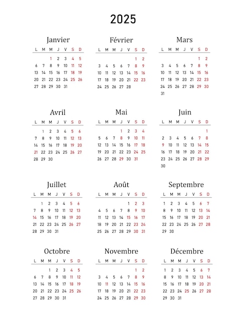 Vettore calendario 2025 in lingua francese con vacanze francesi illustrazione vettoriale