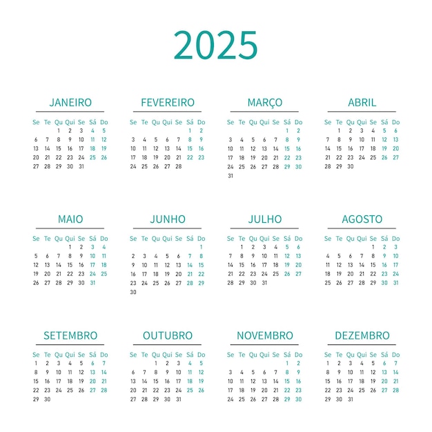 포르투갈어 로 2025 년 달력 월요일 에 시작 하는 주 ⁇ 터 그래픽 프리미엄 벡터