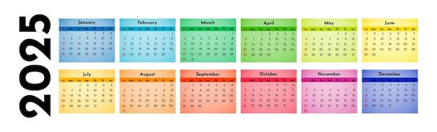 Calendar for 2025 isolated on a white background