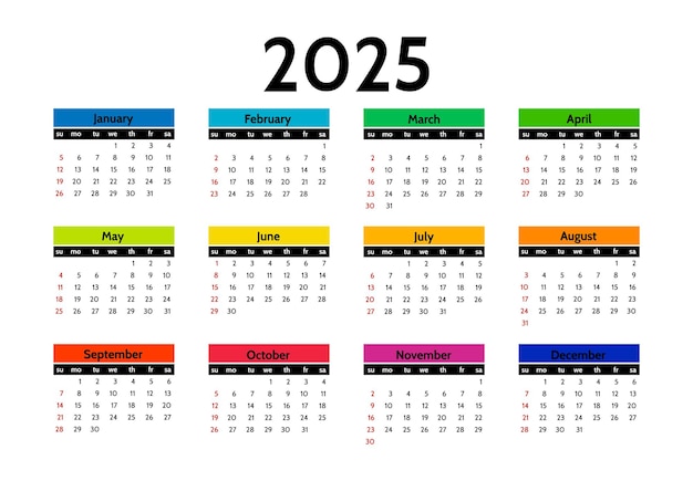 Vettore calendario per il 2025 isolato su uno sfondo bianco