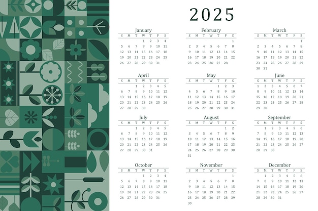 Vector calendar 2025 modern bauhaus week starting on sunday ready