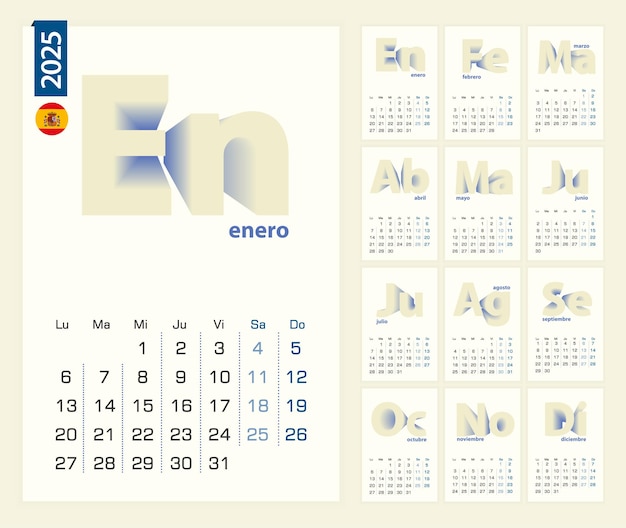 Premium Vector Calendar 2025 template in Spanish language minimalist calendar set for 2025 year