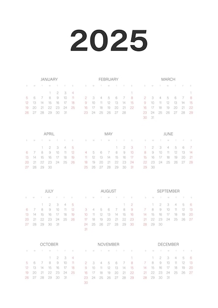 Vettore calendario 2025 verticale a3 a4 a5 inizio settimana domenica modello di pianificatore di design aziendale grafica vettoriale