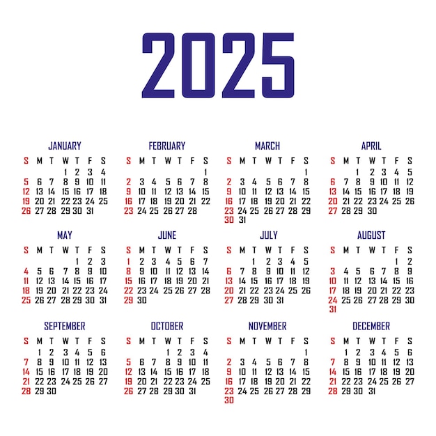 달력 2025 주는 일요일에 시작됩니다. 간단한 달력 템플릿 세로 방향의 초상화 편지지 벡터 일러스트 레이 션의 연간 주최자