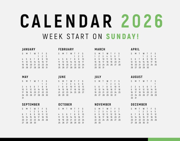 Calendar 2026 minimal style week start on sunday