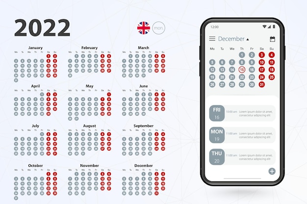 Calendar app for cell phone, vector calendar 2022 week stars from monday.