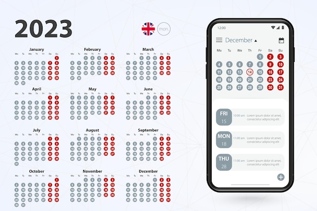 Calendar app for cell phone vector calendar 2023 week stars from monday