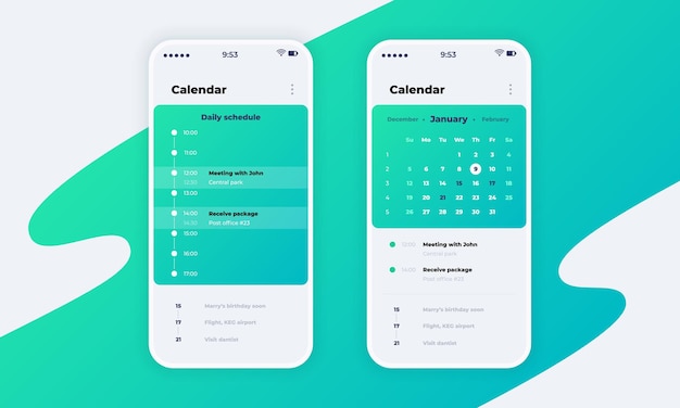 Vector calendar app. phone application ui with calendar concept, schedule and reminder design