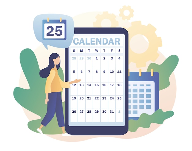 Calendar app and tiny girl Schedule concept Time management business planning timetable