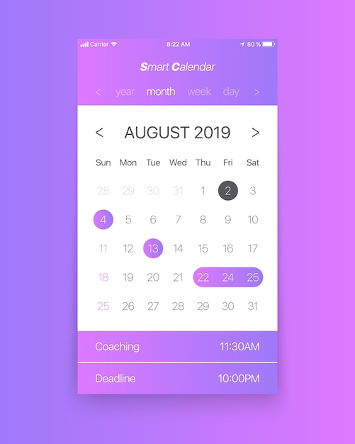 Calendario app ui concept agosto 2019 pagina vettoriale