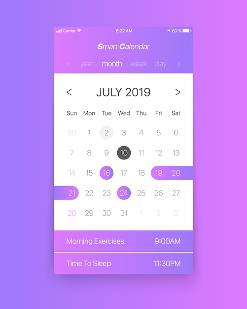 Calendario app ui concetto luglio 2019 pagina vettoriale