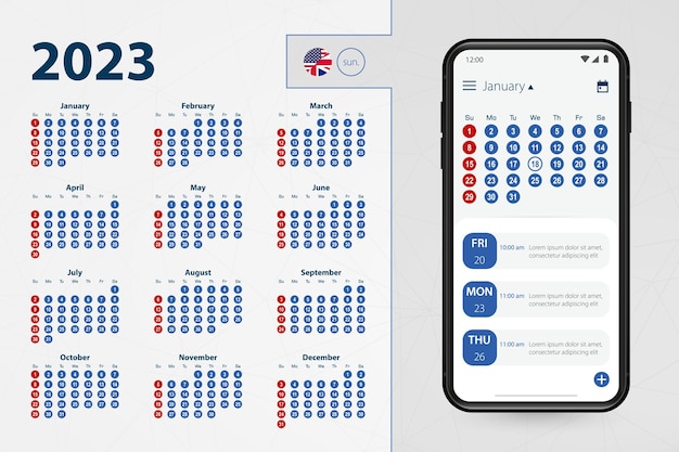 Applicazione calendario per smartphone vector calendario 2023 settimana inizia dalla domenica in lingua inglese