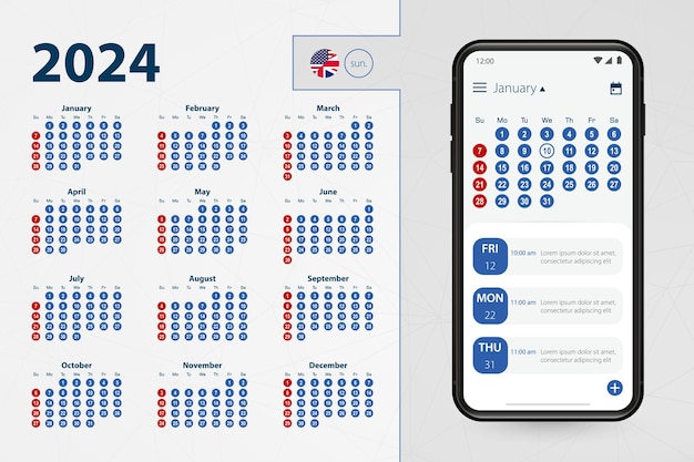 Calendar application for Smartphone Vector calendar 2024 week starts from Sunday English language