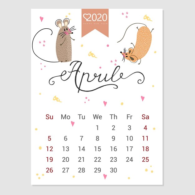 Vettore calendario aprile 2020 calendario mensile carino con ratto personaggi in stile disegnato a mano anno del ratto