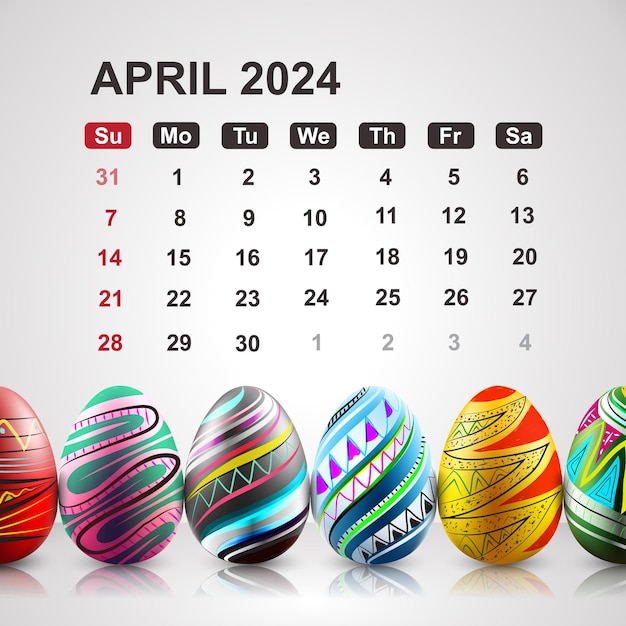 Vector calendar april 2024 with colorful easter eggs vector illustration