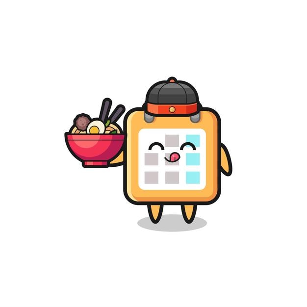 Vector calendar as chinese chef mascot holding a noodle bowl