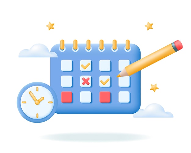Icone della matita dell'orologio del calendario gestione del tempo pianificare il lavoro dell'appuntamento e il concetto di pianificazione dello studio