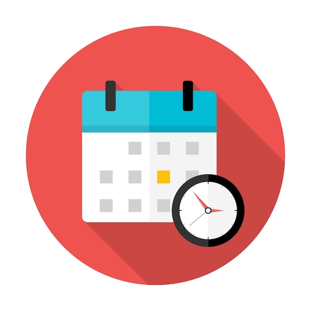 Calendar and clock Time circle icon. Flat stylized circle icon with long shadow