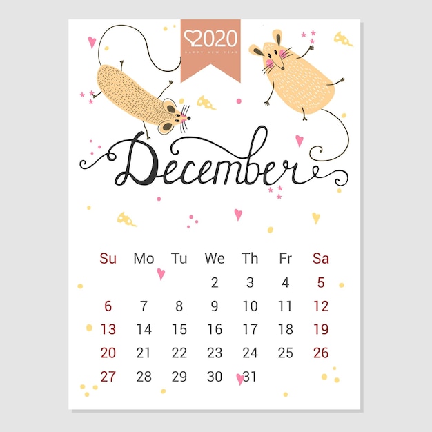 Vettore calendario dicembre 2020 calendario mensile carino con ratto personaggi in stile disegnato a mano anno del ratto