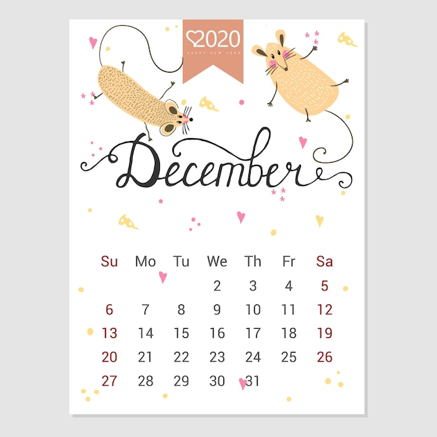 Calendario dicembre 2020 calendario mensile carino con ratto personaggi in stile disegnato a mano anno del ratto