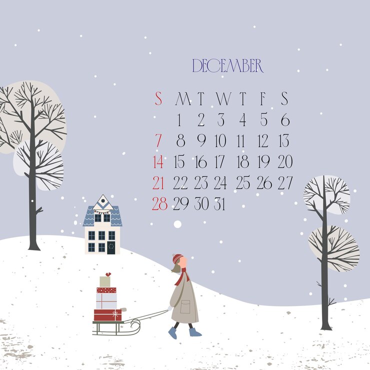 Vector calendar for december 2025 a girl carrying a sled with presents