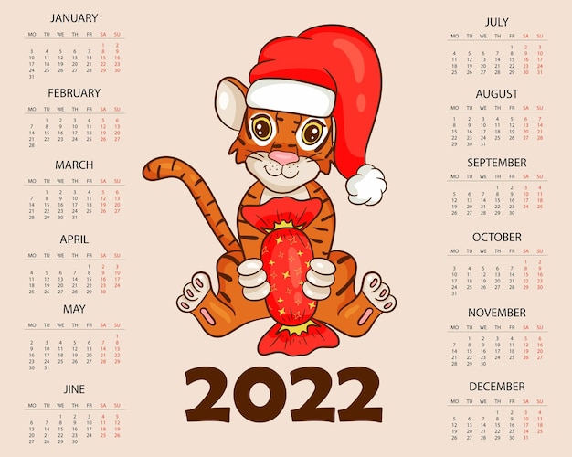 Modello di progettazione del calendario per il 2022, l'anno della tigre secondo il calendario cinese o orientale, con un'illustrazione della tigre. tavolo orizzontale con calendario per il 2022. vector