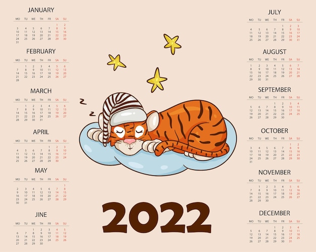 Modello di progettazione del calendario per il 2022, l'anno della tigre secondo il calendario cinese o orientale, con un'illustrazione della tigre. tavolo orizzontale con calendario per il 2022. vector