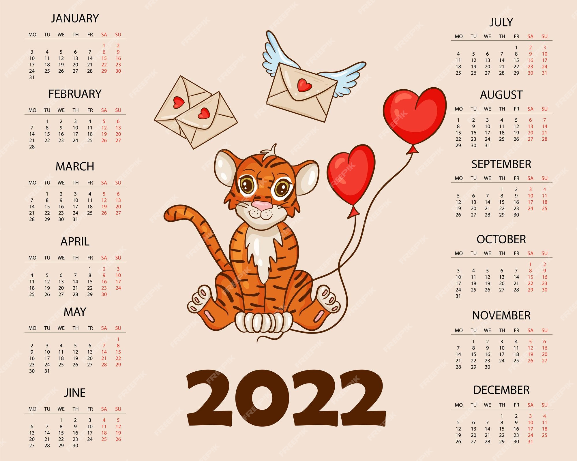 Wall calendar design template for august 2022, year of Tiger according to  the Chinese or Eastern calendar. Animal character. Vector illustration.  Week Stock Vector Image & Art - Alamy