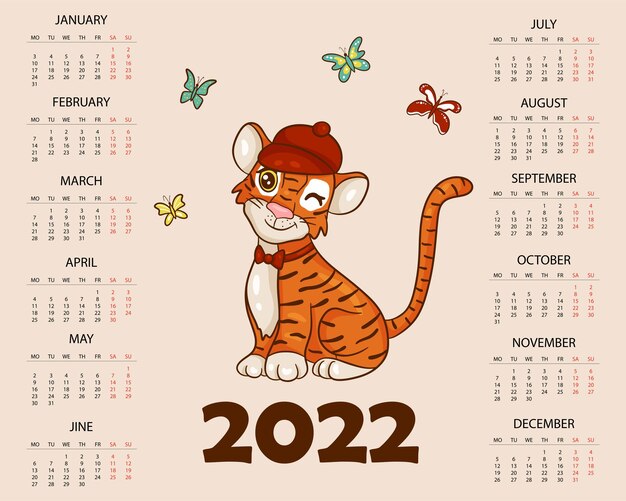 Vector Calendar Year Tiger 2022 According Chinese Calendar Week Starts  Stock Vector by ©kabolill 479172590