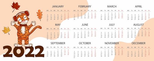 Calendar design template for 2022, the year of the tiger according to the chinese or eastern calendar, with an illustration of the tiger. horizontal table with calendar for 2022. vector