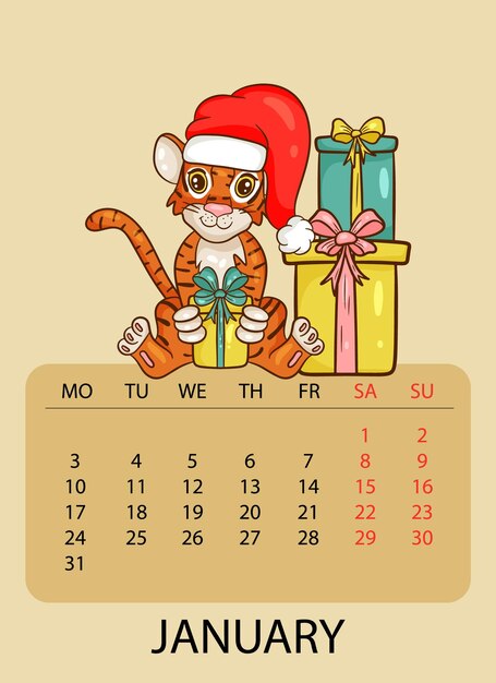 Modello di progettazione del calendario per gennaio 2022, l'anno della tigre secondo il calendario cinese, con un'illustrazione della tigre in cappello di babbo natale con regali. tabella con calendario per gennaio 2022.