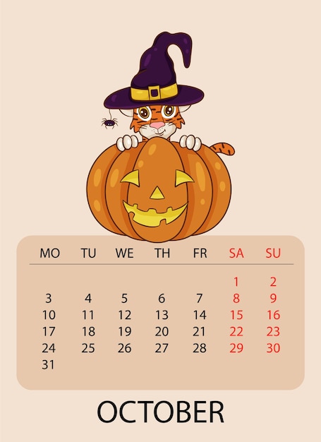 Calendar design template for October 2022, the year of the tiger according to the Chinese or Eastern calendar, with an illustration of a tiger with pumpkin. Table with calendar for October 2022.