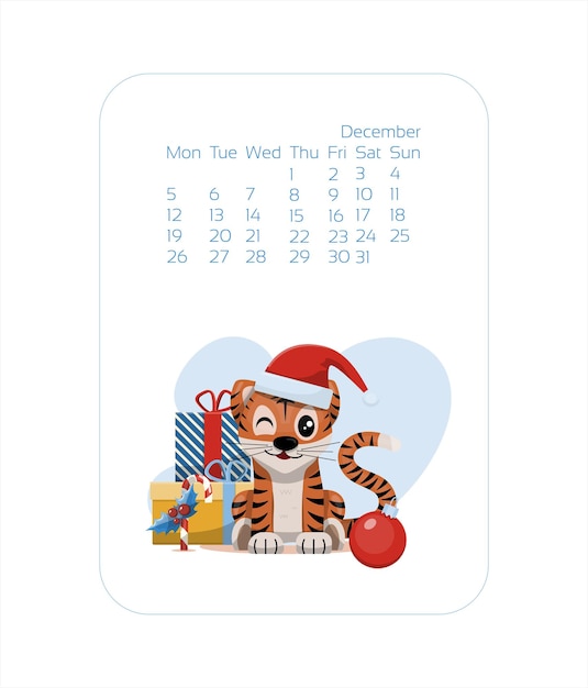 Calendar design template for  year of blue tiger chinese new year december vector stock flat illustr...