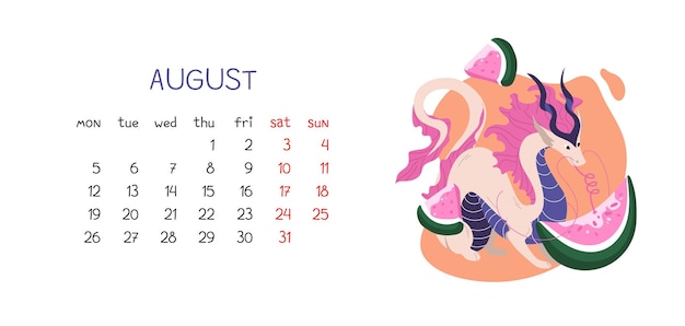 新年のシンボルとスイカのスライスを持つ中国のドラゴン 8 月のカレンダー デザイン
