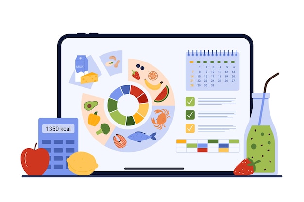 Calendar dieetplanning mobiele app met grafiek eiwitten en vetten koolhydraten per sector