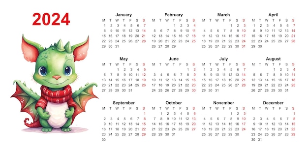 Calendar dragon watercolor chinese template