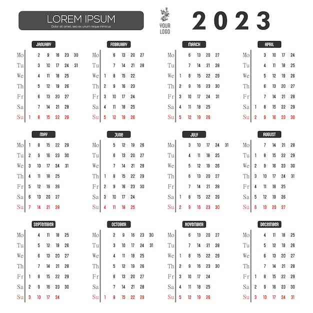 Calendar in English for 2023 the days of the week are located on the left week begins with Monday