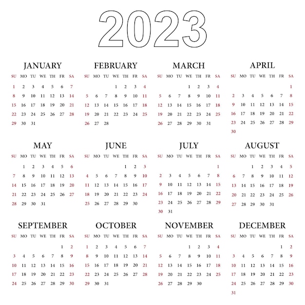 Vector calendar in english 2023 week starts on sunday vector illustration