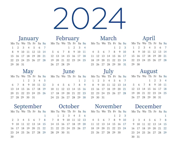 Vector calendar in english for 2024 the week starts on monday