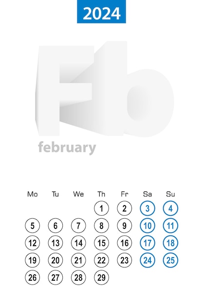 2024년 2월의 달력 파란 원 디자인 영어 언어 주간은 월요일부터 시작됩니다.