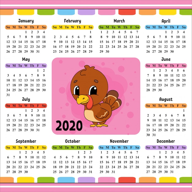 かわいいキャラクターの2020年のカレンダー。