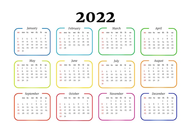 白い背景で隔離された2022年のカレンダー。日曜日から月曜日、ビジネステンプレート。ベクトルイラスト