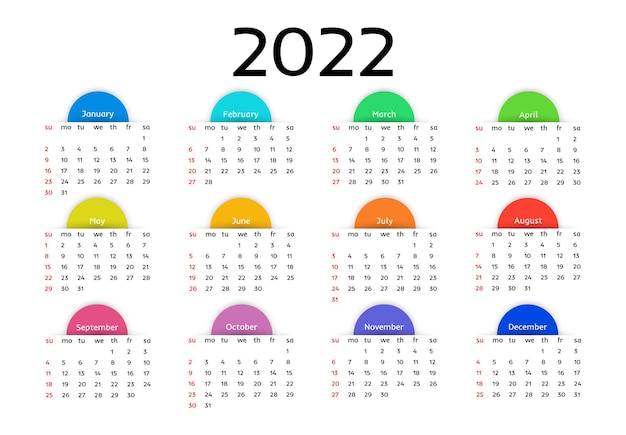 ベクトル 白い背景で隔離の2022年のカレンダー。日曜日から月曜日、ビジネステンプレート。ベクトルイラスト