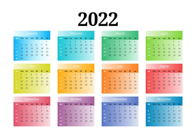 白い背景で隔離の2022年のカレンダー。日曜日から月曜日、ビジネステンプレート。ベクトルイラスト