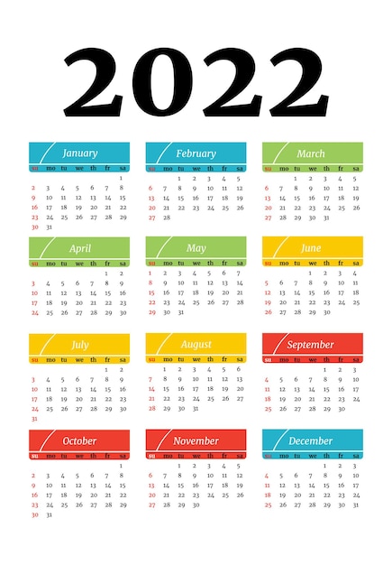 Календарь на 2022 год, изолированные на белом фоне. с воскресенья по понедельник, деловой шаблон. векторная иллюстрация