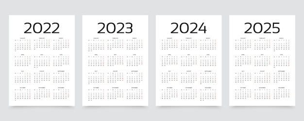 Календарь на 2023 2024 2025 2022 годы шаблон годового планировщика векторная иллюстрация