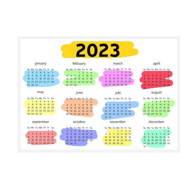 흰색 배경에 격리된 2023년 달력입니다. 손 그리기 요소