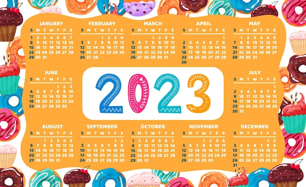 ベクトル 甘いカップケーキとドーナツの 2023 年のカレンダー 1 月 2 月 3 月 4 月 5 月 6 月 7 月 8 月 9 月 10 月 11 月のフラット ベクトル イラストと年の 12 ヶ月