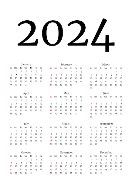 ベクトル 白い背景に分離された 2024 年のカレンダー